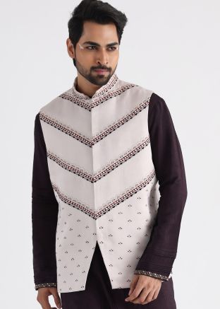 Off White Embroidered Mens Nehru Jacket