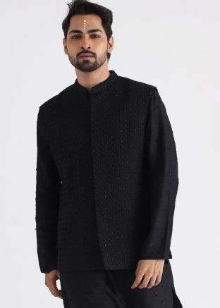 Black Embroidered Mens Nehru Jacket