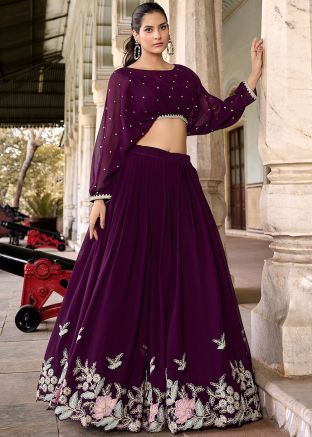 Purple Readymade Embroidered Georgette Lehenga Choli