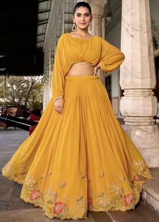 Yellow Readymade Embroidered Lehenga Choli In Georgette