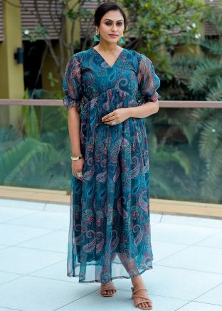 Blue Digital Printed Dress In Organza