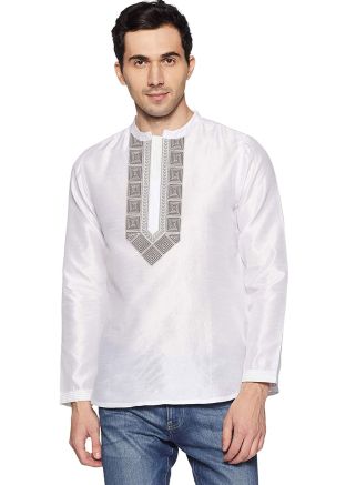 Readymade White Embroidered Short Kurta