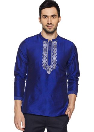 Readymade Blue Embroidered Mens Short Kurta