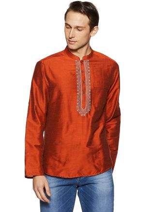 Readymade Orange Embroidered Short Kurta For Men