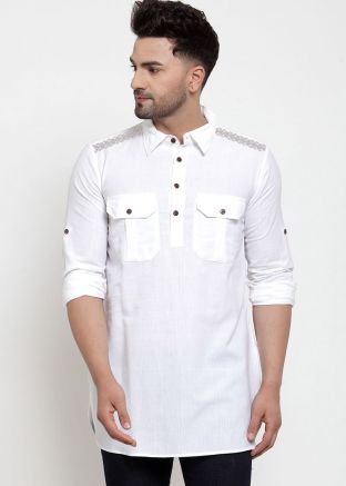 White Embroidered Mens Short Kurta In Cotton