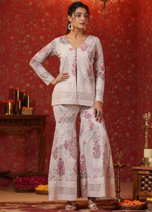 Cream Floral Print Readymade Co-Ord Set