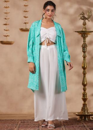 White Co-Ord Set With Printed Shrug