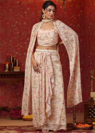 Cream Floral Printed Draped Skirt Set & Jacket