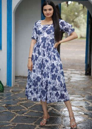 White Floral Printed Georgette Dress