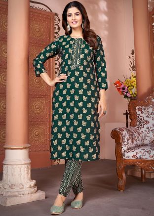 Bottle Green Floral Printed Kurta Set