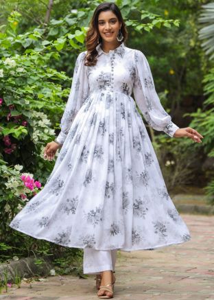 White Floral Printed Georgette Dress