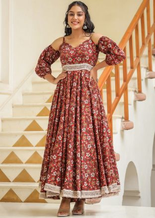 Maroon Floral Printed Cold Shoulder Dress