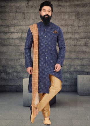 Blue Printed Mens Indo Western Sherwani