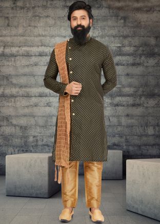 Green Indo Western Sherwani In Cotton Silk