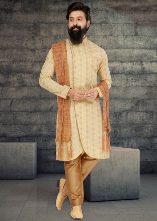 Beige Indo Western Sherwani In Printed Work