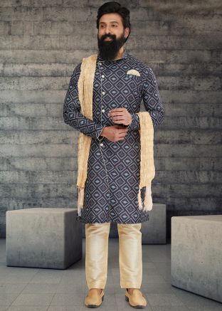 Blue Printed Indowestern Sherwani