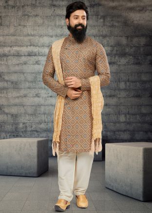Brown Printed Indo Western Sherwani