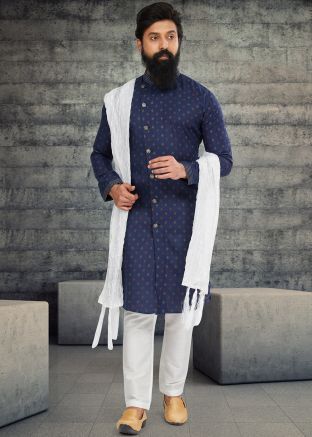 Blue Printed Cotton Silk Indo Western Sherwani