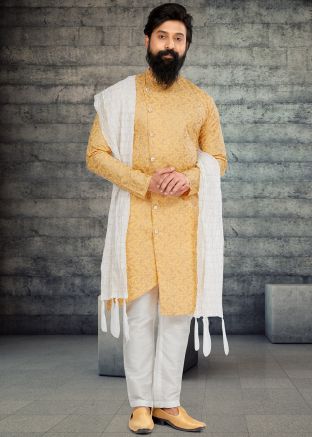 Yellow Indo Western Sherwani In Cotton Silk