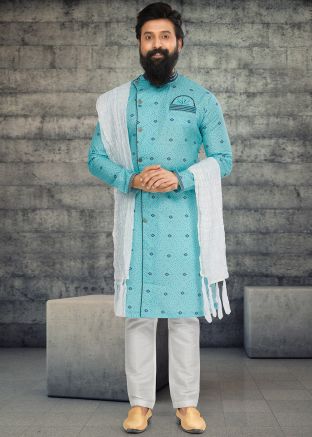 Blue Cotton Silk Indo Western Sherwani