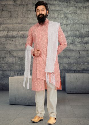Pink Printed Asymmetric Indo Western Sherwani