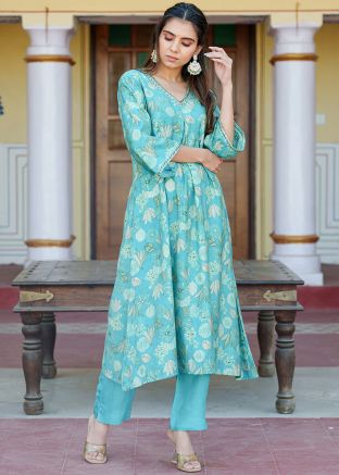 Blue Digital Printed Cotton Readymade Pant Kurta 