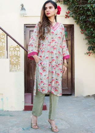 Grey Printed Readymade Pant Kurta In Cotton