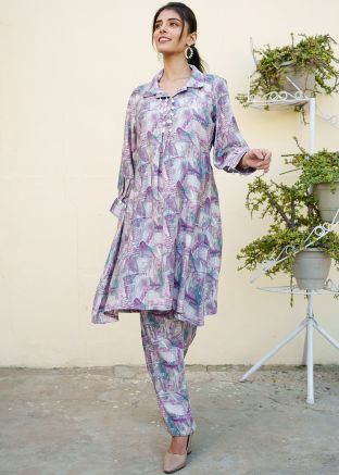 Light Purple Printed Readymade Co-Ord Set In Cotton