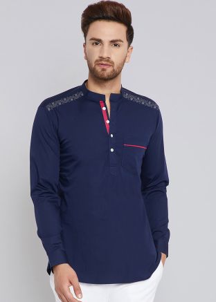 Blue Embroidered Cotton Kurta For Mens