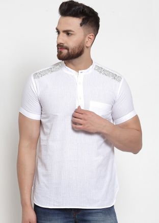 White Embroidered Mens Kurta