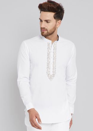 White Short Kurta In Thread Embroidered 