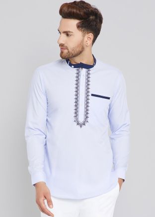 Blue Cotton Embroidered Kurta