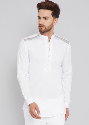 White Embroidered Mens Kurta In Cotton