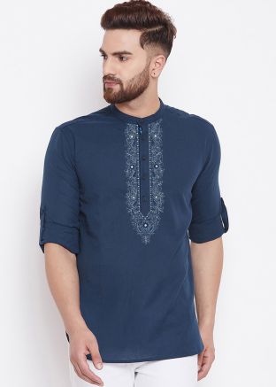 Blue Cotton Short Kurta For Mens
