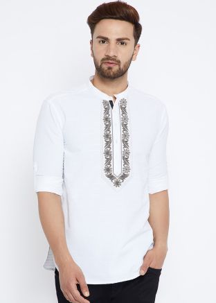 White Short Kurta In Thread Embroidered 