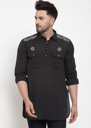 Black Embroidered Mens Kurta In Cotton