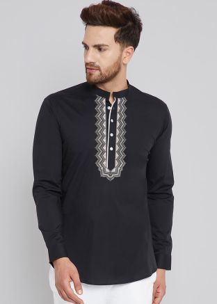 Black Cotton Embroidered Kurta