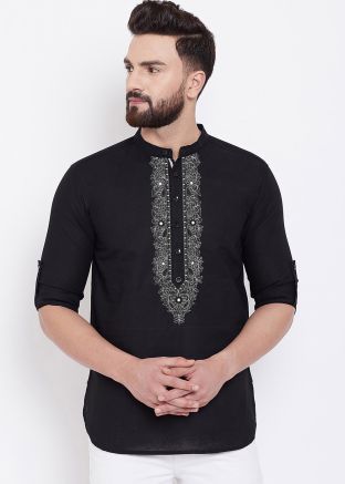 Black Mens Cotton Embroidered Kurta