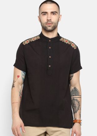 Brown Embroidered Kurta In Cotton