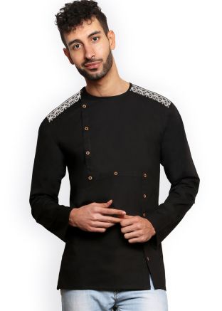 Black Embroidered Kurta Cotton For Mens