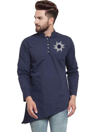 Blue Mens Embroidered Cotton Kurta