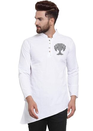 White Mens Short Kurta In Cotton