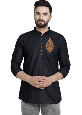 Black Mens Embroidered Cotton Kurta