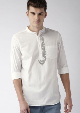 White Cotton Embroidered Kurta
