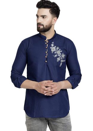 Blue Embroidered Short Kurta In Cotton