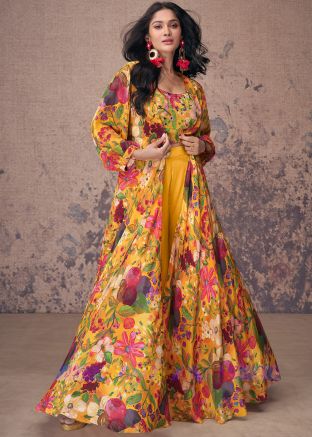 Yellow Embroidered Top Bottom Set & Jacket