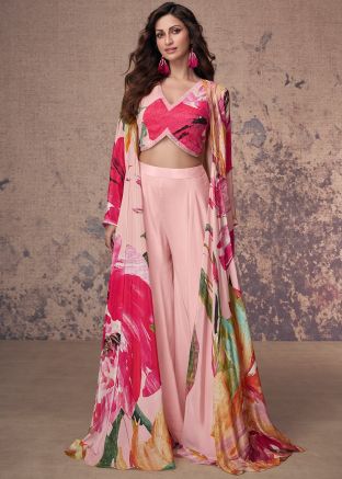 Pink Embroidered Crop Top With Palazzo & Jacket