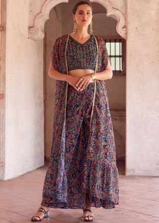 Navy Blue Embroidered Top Bottom Set In Georgette