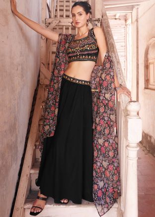 Black Embroidered Readymade Cape Style Top Bottom Set
