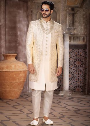 Cream Embroidered Jacket Style Indo Western Sherwani Set